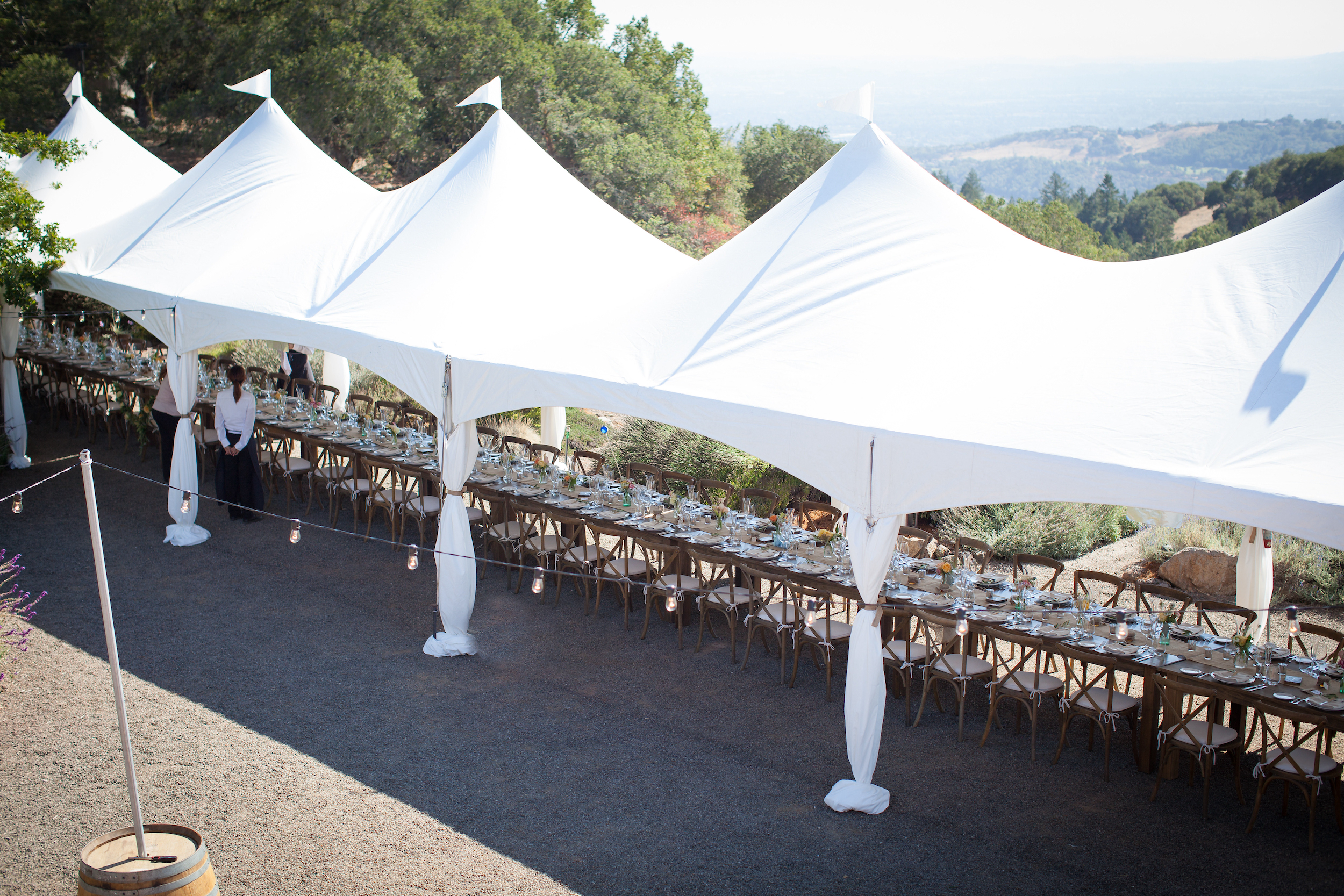 Festival tents and long tables set up for a community event
