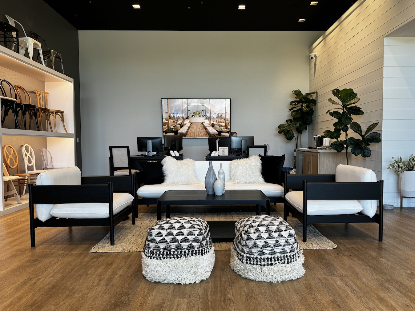 Lounge furniture on display at the Encore Events Rentals showroom in Windsor